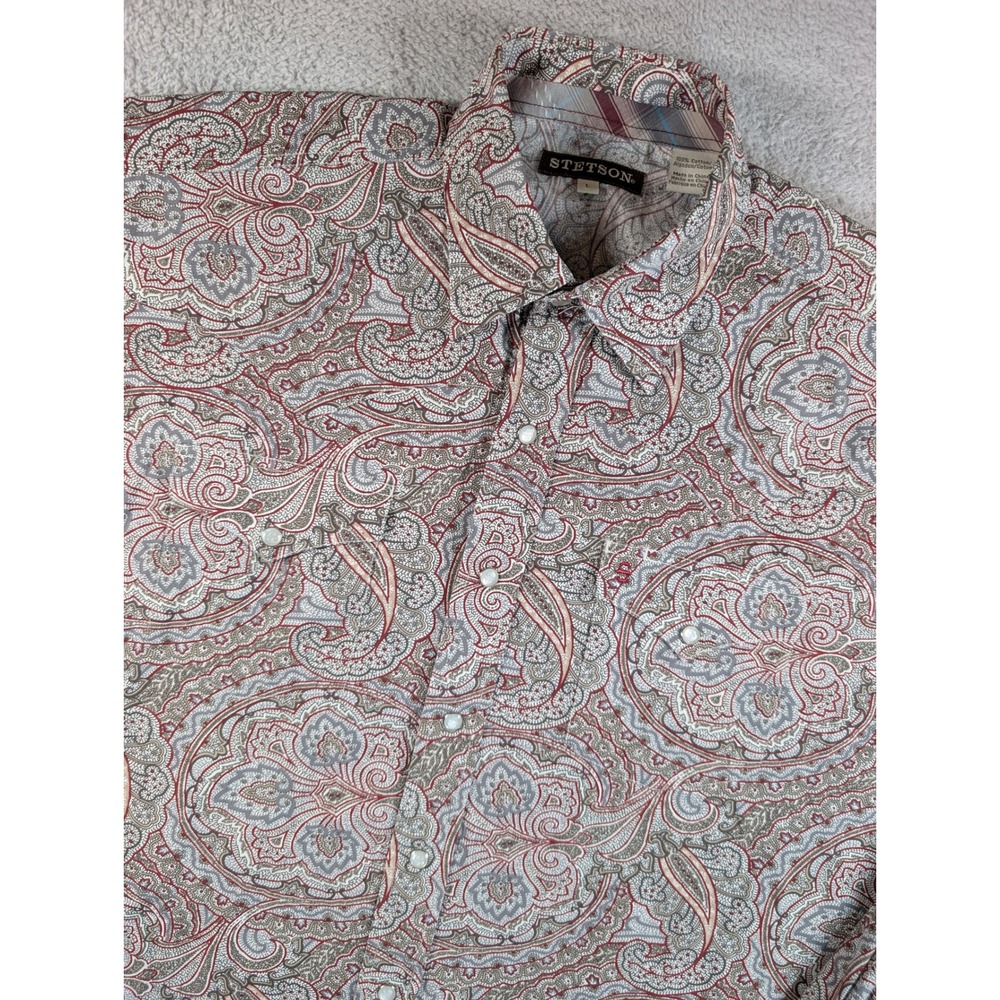 Stetson Mens Large Paisley Western Pearl Snap Shirt Long Sleeve Red Grey Cotton